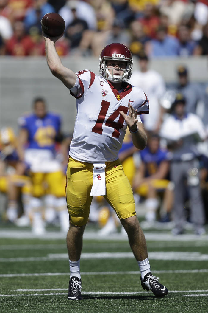 Southern California quarterback Sam Darnold passes against California during the first half of an NCAA college football game Saturday, Sept. 23, 2017, in Berkeley, Calif. (AP Photo/Ben Margot)