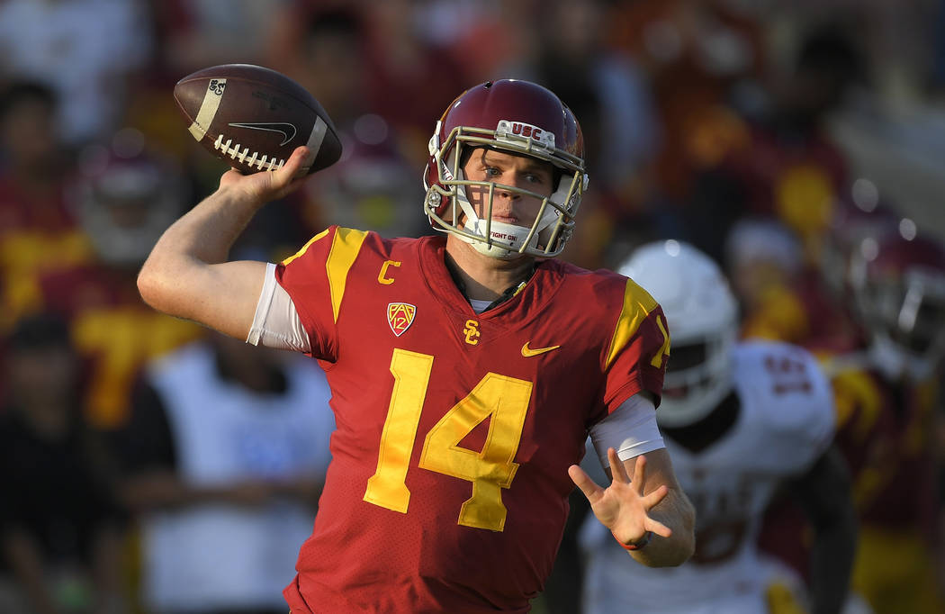 FILE - In this Saturday, Sept. 16, 2017, file photo, Southern California quarterback Sam Darnold throws during the first half of an NCAA college football game against Texas, in Los Angeles. Darnol ...
