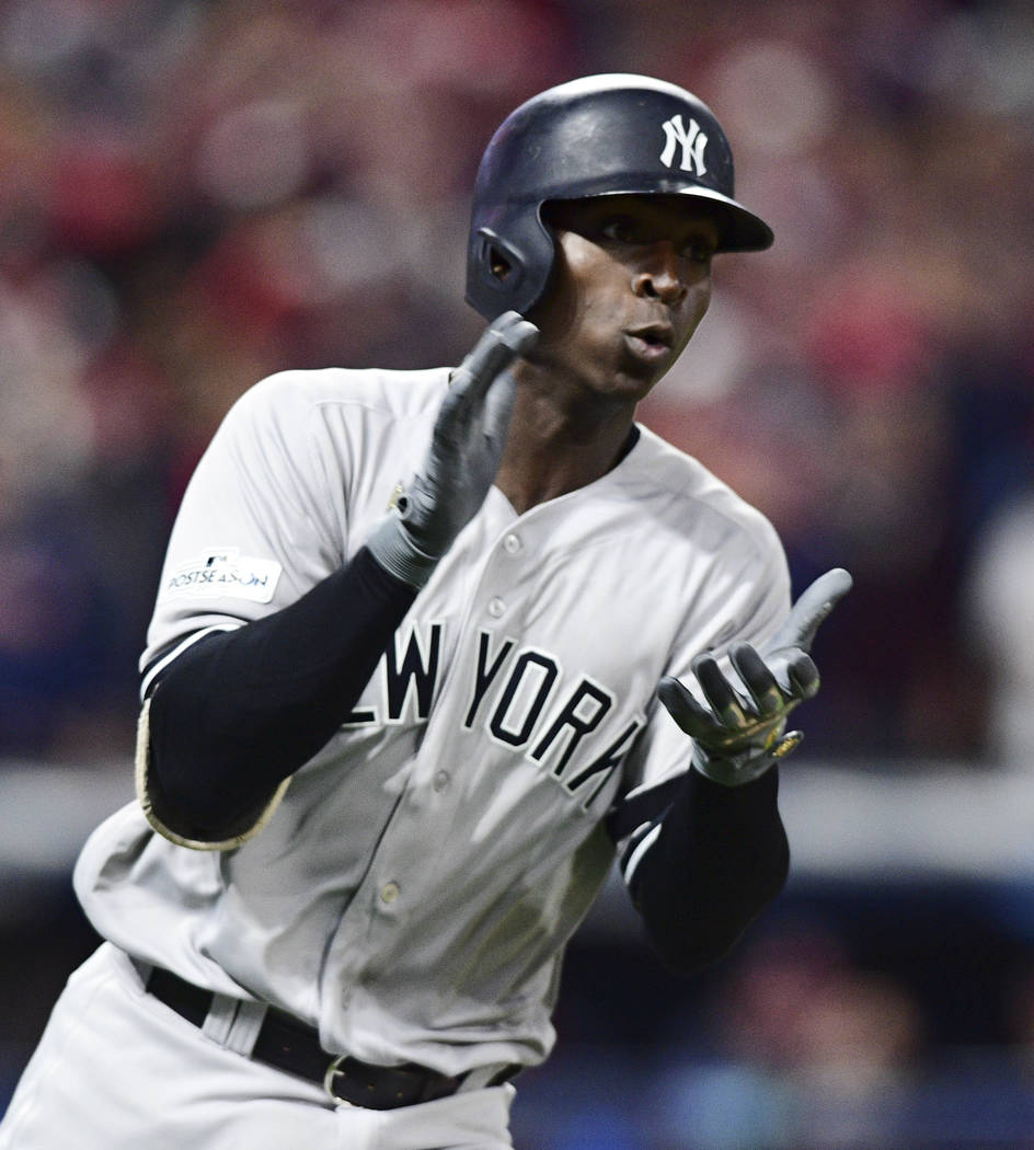 New York Yankees' Didi Gregorius runs the bases after hitting a solo home run of Cleveland Indians starting pitcher Corey Kluber in the first inning of Game 5 of baseball's American League Divisio ...