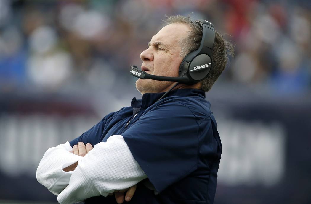 New England Patriots head coach Bill Belichick watches from the sidelines during the second half of an NFL football game against the Los Angeles Chargers, Sunday, Oct. 29, 2017, in Foxborough, Mas ...
