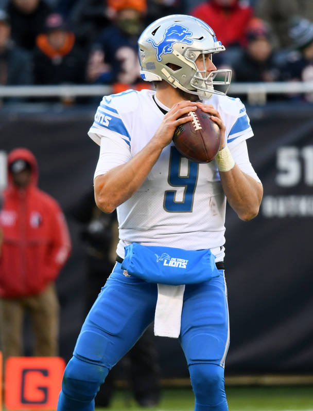 Nov 19, 2017; Chicago, IL, USA; Detroit Lions quarterback Matthew Stafford (9) drops back to pass against the Chicago Bears  during the second half at Soldier Field. Mandatory Credit: Mike DiNovo- ...