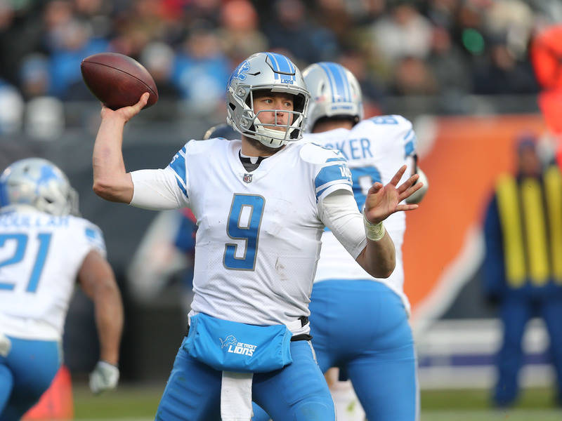 Nov 19, 2017; Chicago, IL, USA; Detroit Lions quarterback Matthew Stafford (9) throws a pass during the second half against the Chicago Bears at Soldier Field. Mandatory Credit: Dennis Wierzbicki- ...