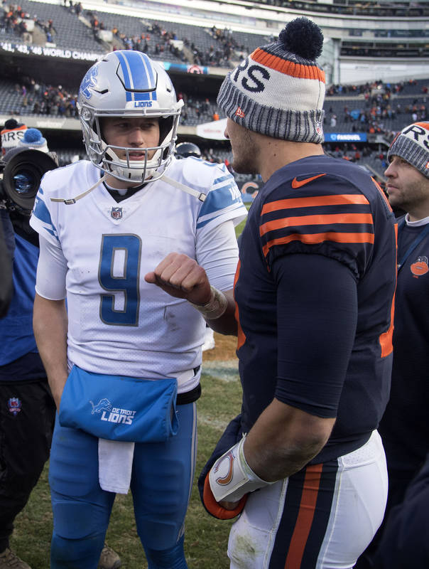 Nov 19, 2017; Chicago, IL, USA; Detroit Lions quarterback Matthew Stafford (9) and Chicago Bears quarterback Mitchell Trubisky (10) shake hands after the game at Soldier Field. Mandatory Credit: M ...