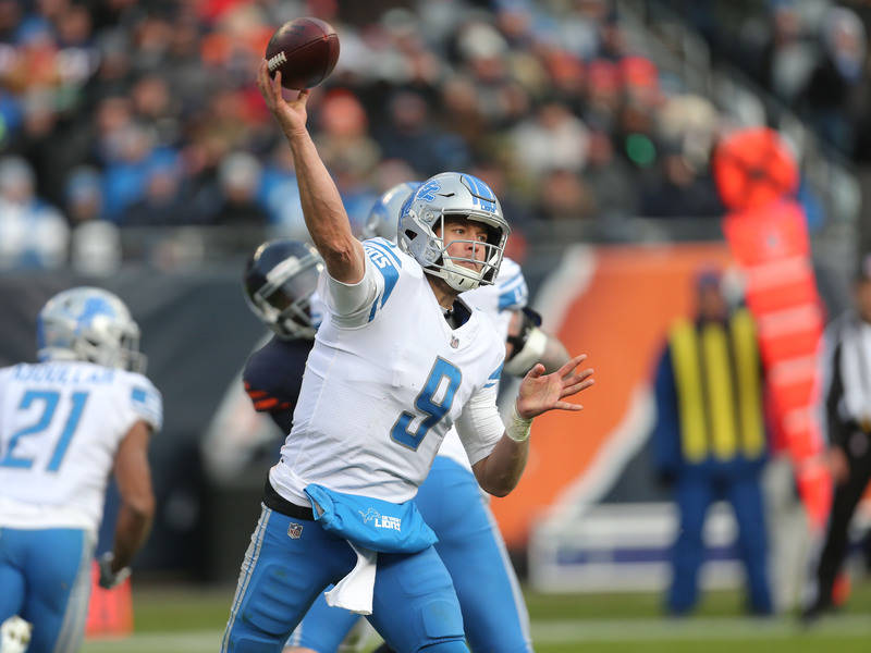 Nov 19, 2017; Chicago, IL, USA; Detroit Lions quarterback Matthew Stafford (9) throws a pass during the second half against the Chicago Bears at Soldier Field. Mandatory Credit: Dennis Wierzbicki- ...
