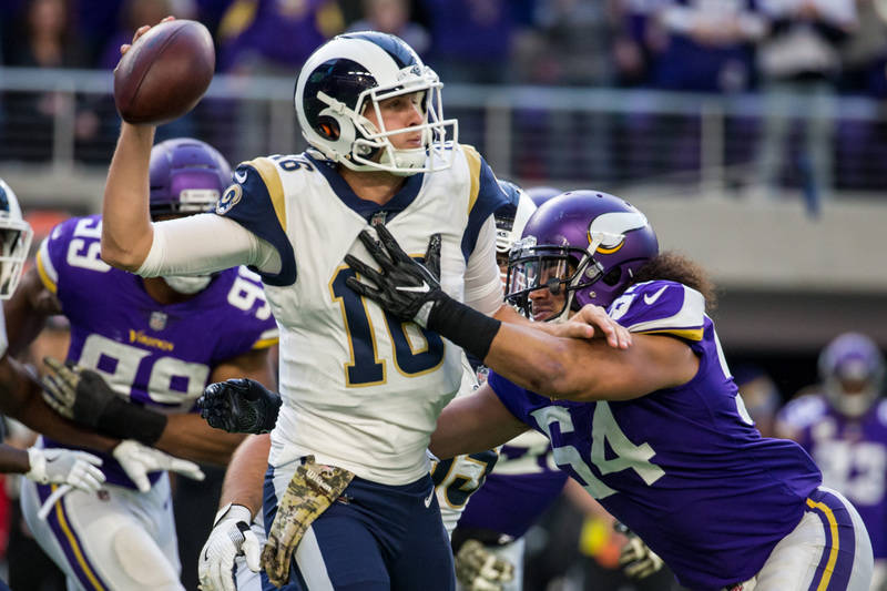 Nov 19, 2017; Minneapolis, MN, USA; Los Angeles Rams quarterback Jared Goff (16) is hit by Minnesota Vikings linebacker Eric Kendricks (54) during the third quarter at U.S. Bank Stadium. Credit: B ...
