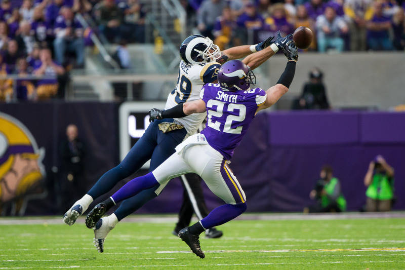 Nov 19, 2017; Minneapolis, MN, USA; Minnesota Vikings defensive back Harrison Smith (22) breaks up a pass in the fourth quarter against the Los Angeles Rams tight end Tyler Higbee (89) at U.S. Ban ...