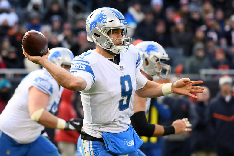 Nov 19, 2017; Chicago, IL, USA; Detroit Lions quarterback Matthew Stafford (9) throws a pass against the Chicago Bears during the second half at Soldier Field. Mandatory Credit: Mike DiNovo-USA TO ...