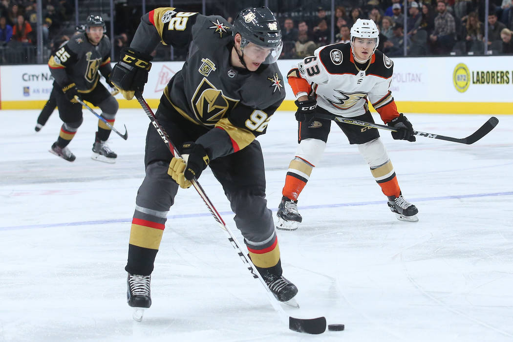 Vegas Golden Knights left wing Tomas Nosek (92) handles the puck during the first period of the game against Anaheim Ducks at T-Mobile Arena in Las Vegas, Tuesday, Dec. 5, 2017. Bridget Bennett La ...