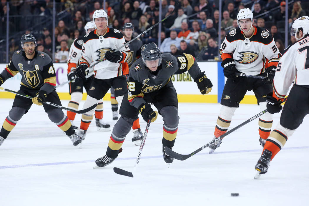 Vegas Golden Knights left wing Tomas Nosek (92) chases after the puck during the third period against Anaheim Ducks at T-Mobile Arena in Las Vegas, Tuesday, Dec. 5, 2017. Bridget Bennett Las Vegas ...