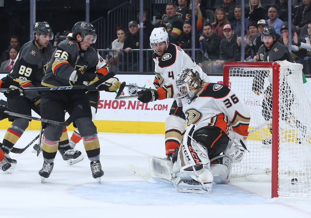 Vegas Golden Knights left wing Erik Haula (56) makes a goal that ties the game against Anaheim Ducks during the third period at T-Mobile Arena in Las Vegas, Tuesday, Dec. 5, 2017. Bridget Bennett  ...