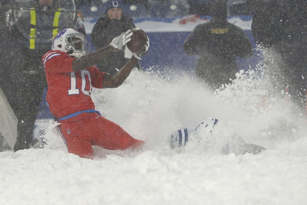 Buffalo Bills wide receiver Deonte Thompson makes a catch during the overtime of an NFL football game against the Indianapolis Colts, Sunday, Dec. 10, 2017, in Orchard Park, N.Y. The Bills beat th ...