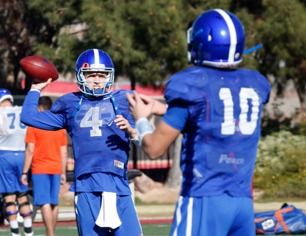 Boise State Broncos quarterback Brett Rypien (4) throws a ball during a football practice at UNLV Rebel Park in Las Vegas, Wednesday, Dec. 13, 2017. Boise State Broncos and Oregon Ducks meet on Sa ...