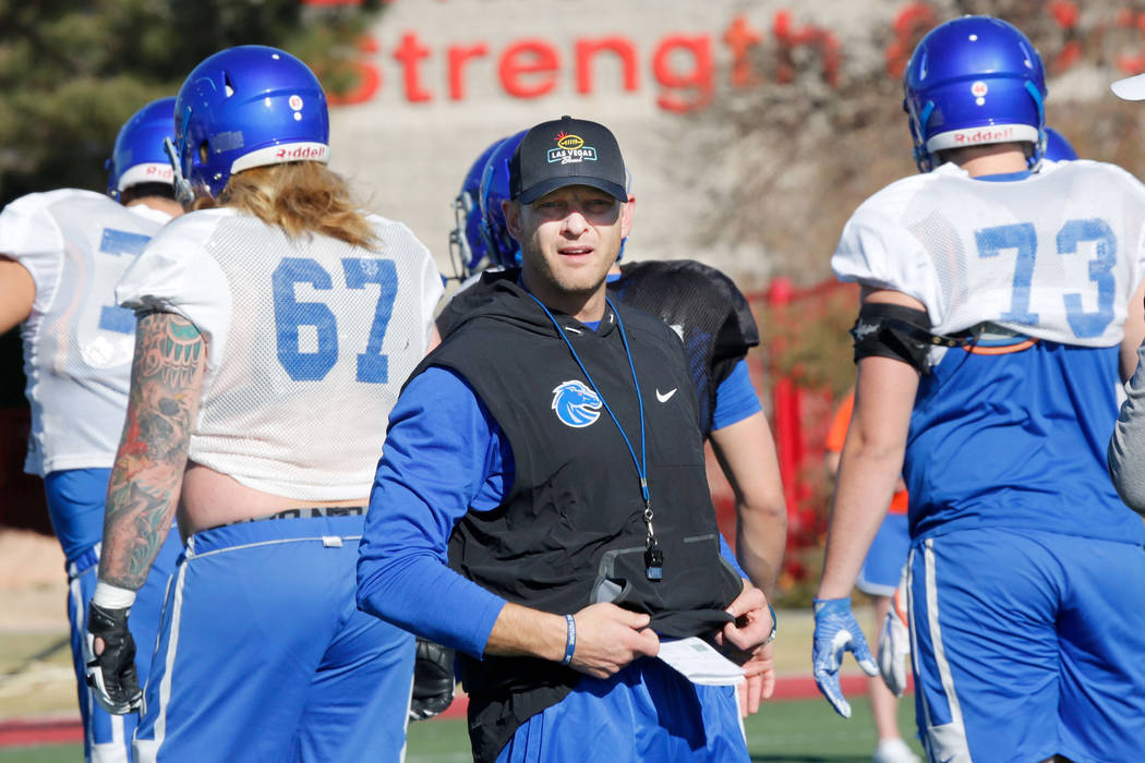 Boise State Broncos head coach Bryan Harsin during a football practice at UNLV Rebel Park in Las Vegas, Wednesday, Dec. 13, 2017. Boise State Broncos and Oregon Ducks meet on Saturday, Dec. 16, in ...