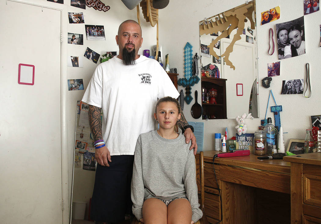 Chad Jensen and his daughter Kendra Jensen, 14, in her room on Monday May 1, 2017, at their home in Henderson. Rachel Aston Las Vegas Review-Journal @rookie__rae