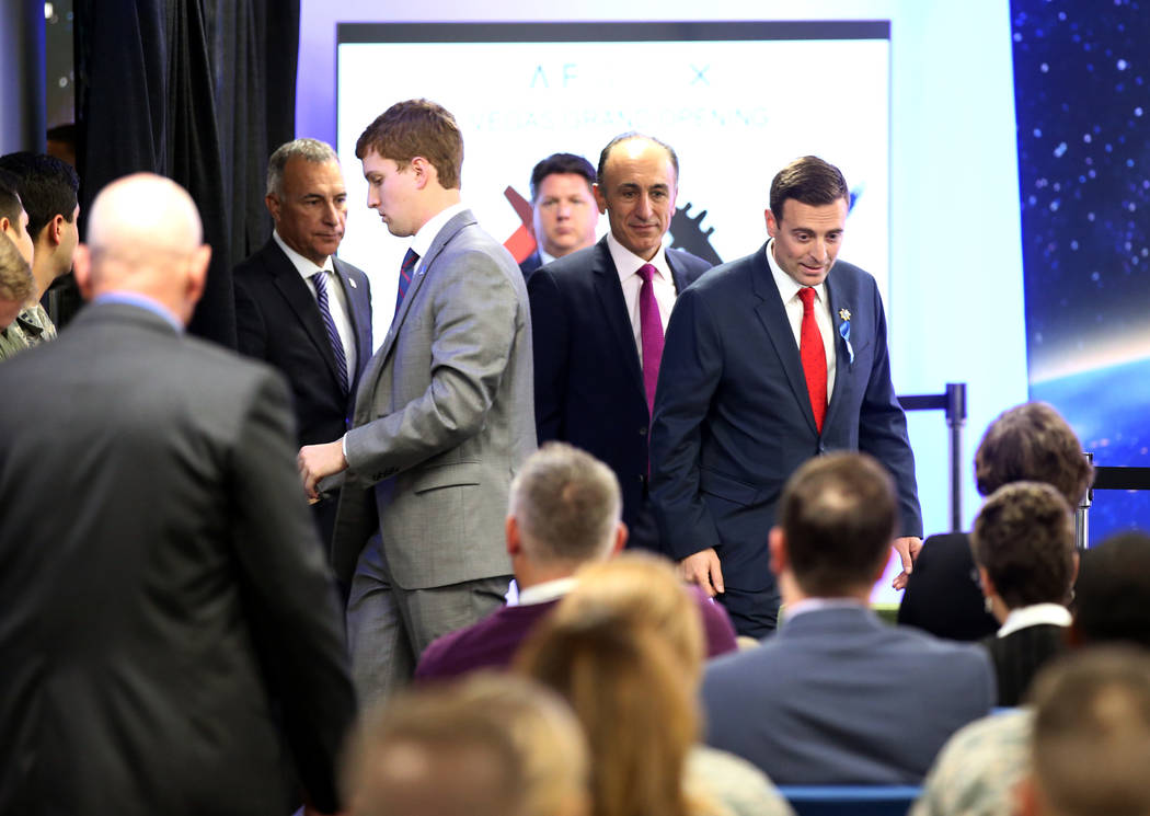 Nevada Attorney General Adam Laxalt arrives to hear Vice President Mike Pence speak at the grand opening of AFWERX Vegas, a work space for the Air Force program that fosters entrepreneurial innova ...