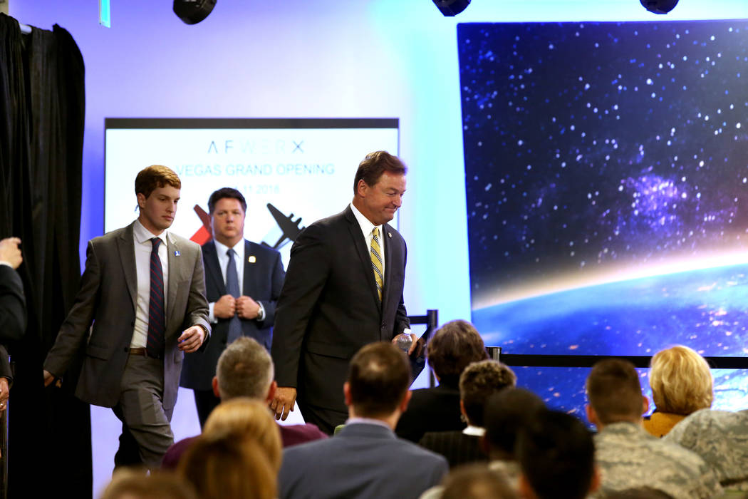 U.S. Sen. Dean Heller, R-Nev., arrives to hear Vice President Mike Pence speak at the grand opening of AFWERX Vegas, a work space for the Air Force program that fosters entrepreneurial innovation  ...