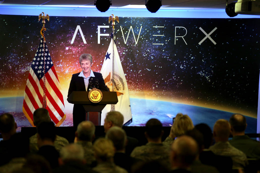 Secretary of the Air Force Heather introduces Vice President Mike Pence at the grand opening of AFWERX Vegas, a work space for the Air Force program that fosters entrepreneurial innovation engagem ...