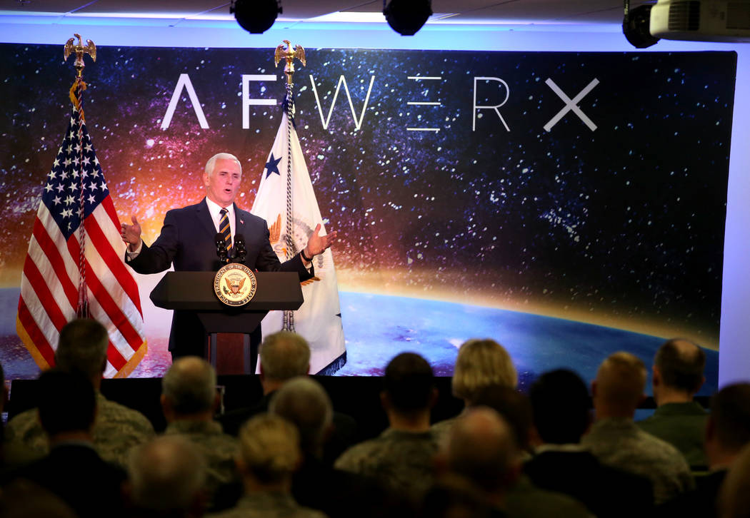 Vice President Mike Pence speaks at the grand opening of AFWERX Vegas, a work space for the Air Force program that fosters entrepreneurial innovation engagements. The innovation center is located  ...