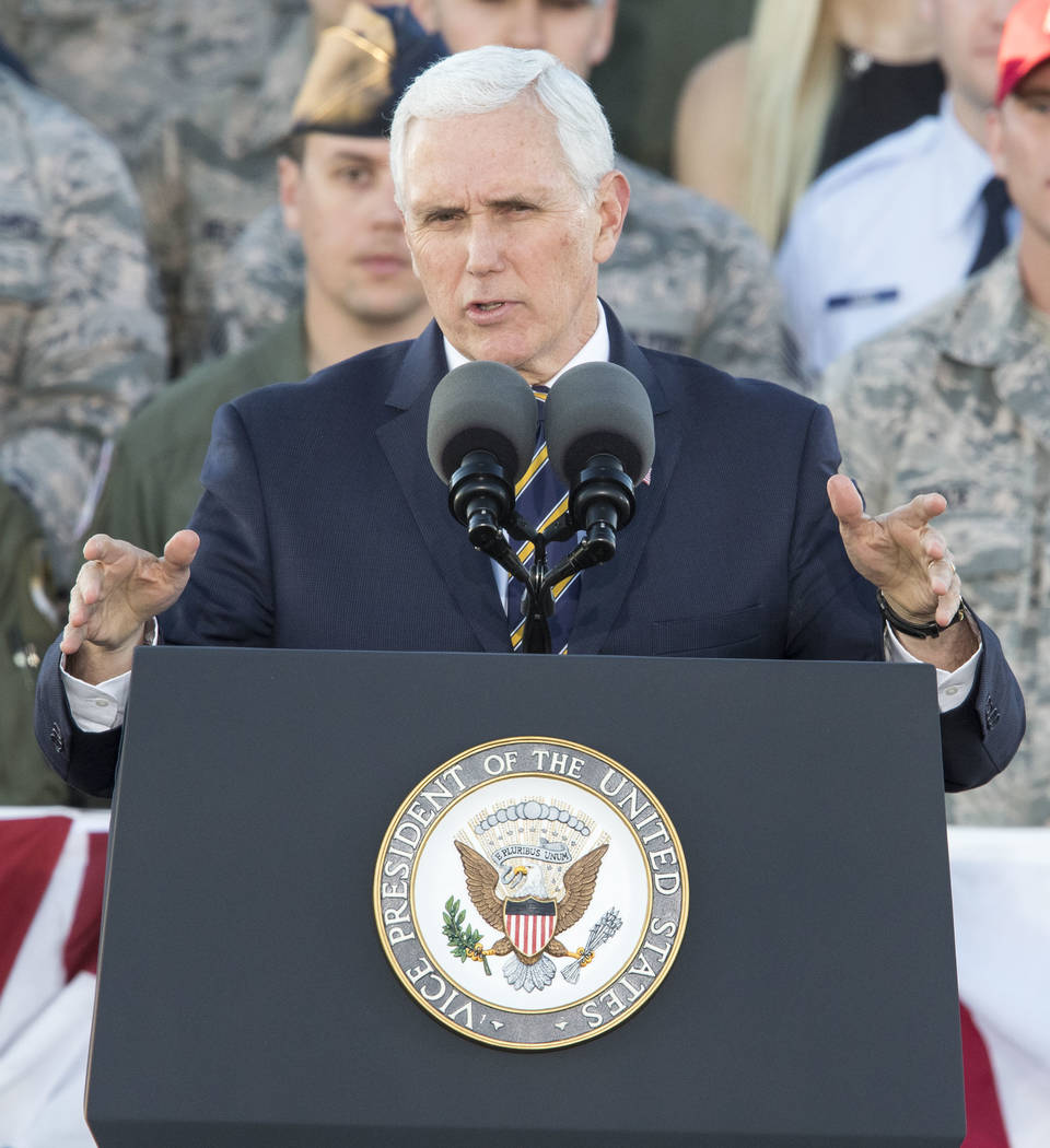 United States Vice President Mike Pence speaks to airmen outside the Thunderbirds hanger during a visit to Nellis Air Force Base near Las Vegas, Nevada on Thursday, Jan. 11, 2018. Richard Brian La ...