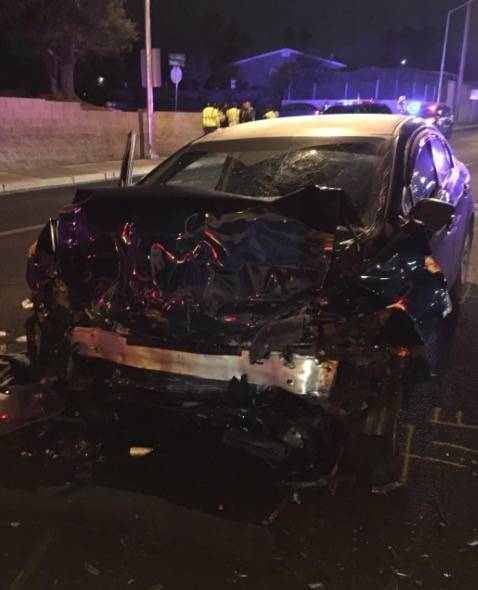 The driver of this black Honda crashed into the rear of a double-decker RTC bus on Tuesday night and was killed.