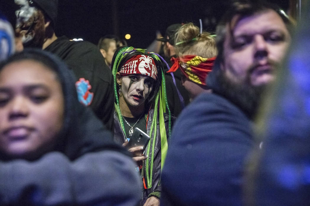 Fans of Insane Clown Posse wait for the band to start their set during Juggalo Weekend on Saturday, February 17, 2018, at Fremont Country Club, in Las Vegas. Benjamin Hager Las Vegas Review-Journa ...