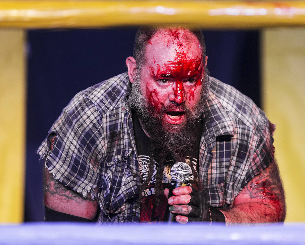 A bloodied Homeless Jimmy addresses the crowd after loosing his JCW wrestling match to Chuey Martinex at Insane Clown Posse's Juggalo Weekend on Saturday, February 17, 2018, at Backstage Bar & ...