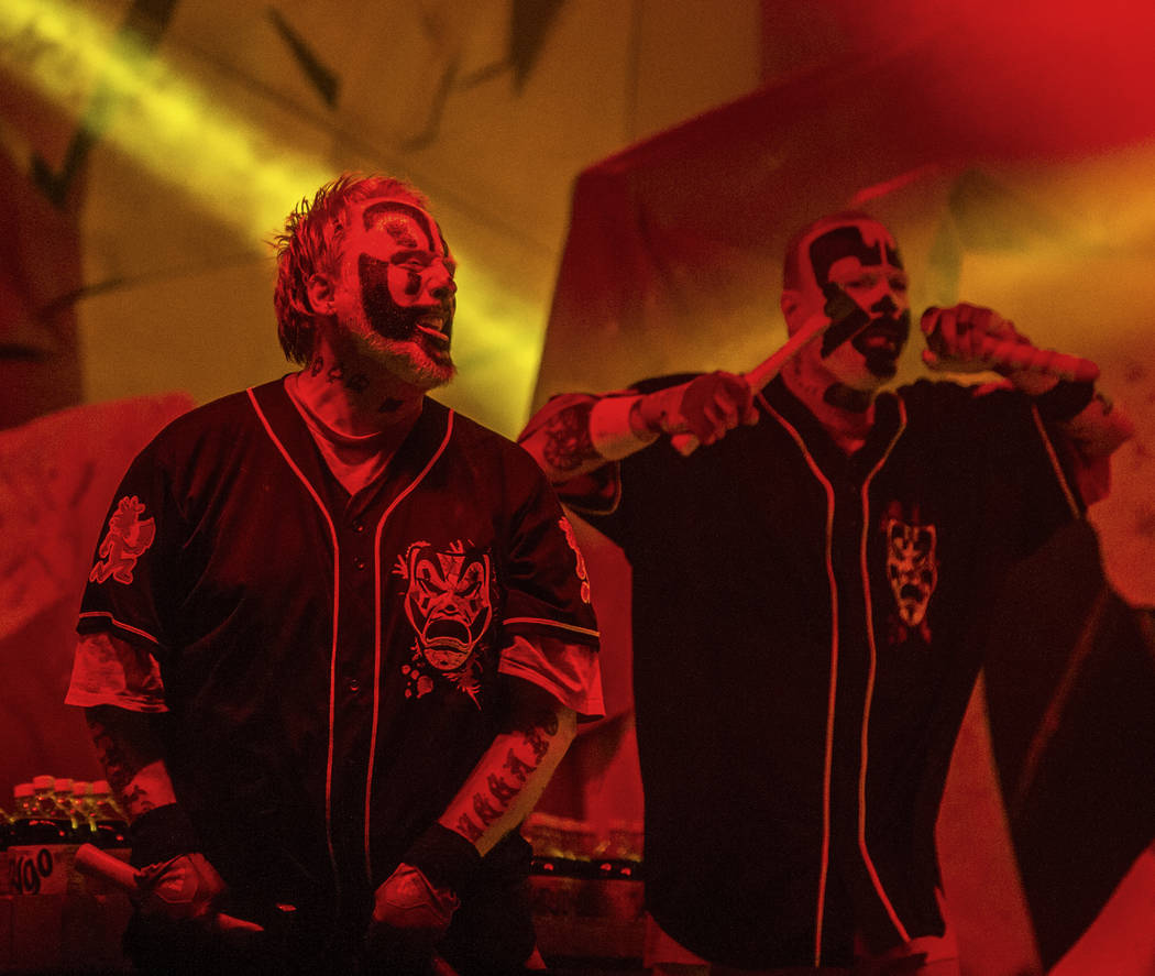 Insane Clown Posse's Shaggy 2 Dope, left, and Violent J perform during Juggalo Weekend on Saturday, February 17, 2018, at Fremont Country Club, in Las Vegas. Benjamin Hager Las Vegas Review-Journa ...