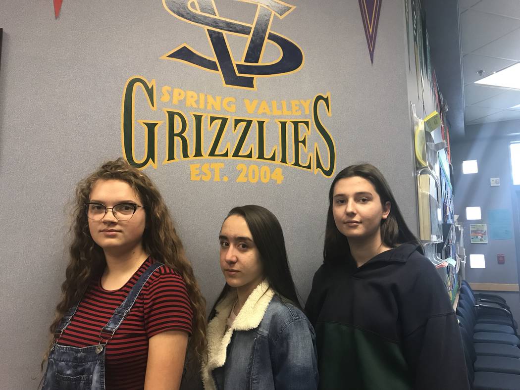 Spring Valley students Charlotte Jones, 15, from left, Karoline Binelo, 16, and Mia Trotchie, 15, at Spring Valley High School on Friday, Feb. 23, 2018, Jones, Binelo and Trotchie are planning a m ...