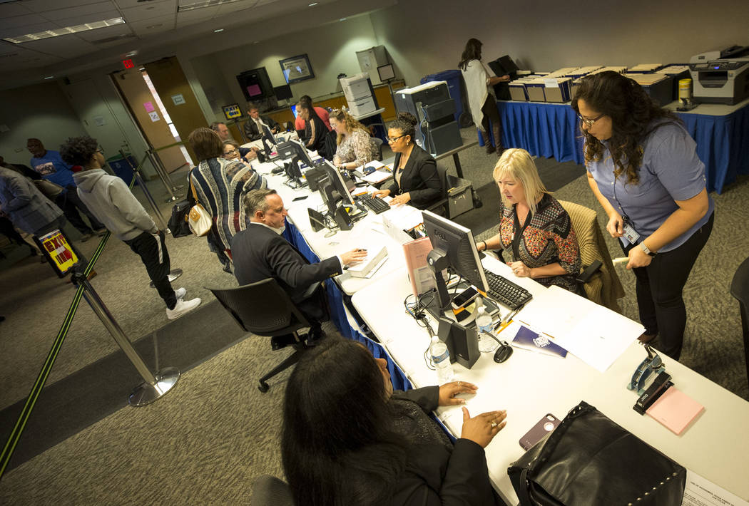 Candidates file for their respective offices at during the first day of candidate filing at the Clark County Government Center in downtown Las Vegas on Monday, March 5, 2018. Richard Brian Las Veg ...
