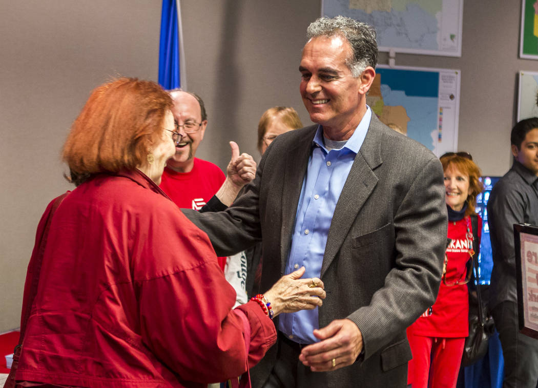Danny Tarkanian greets a supporter before filiing for his candidacy for the 3rd Congressional District of Nevada at the Clark County Government Center in Las Vegas on Friday, March 16, 2018, after ...