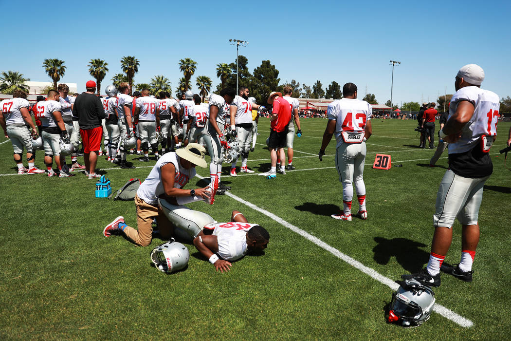 UNLV'S running back Xzaviar Campbell (35) is stretched out before second quarter of UNLV's spring football game at the Peter Johann Memorial Field in Las Vegas on Saturday, April 14, 2018. Andrea ...
