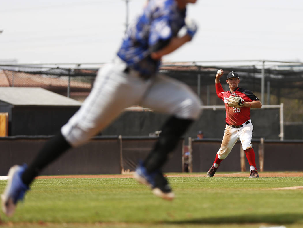 UNLV'S infielder Dillon Johnson (25) throws to first base against Air Force during the fourth inning at the Earl Wilson Stadium in Las Vegas on Sunday, April 15, 2018. Andrea Cornejo Las Vegas Rev ...