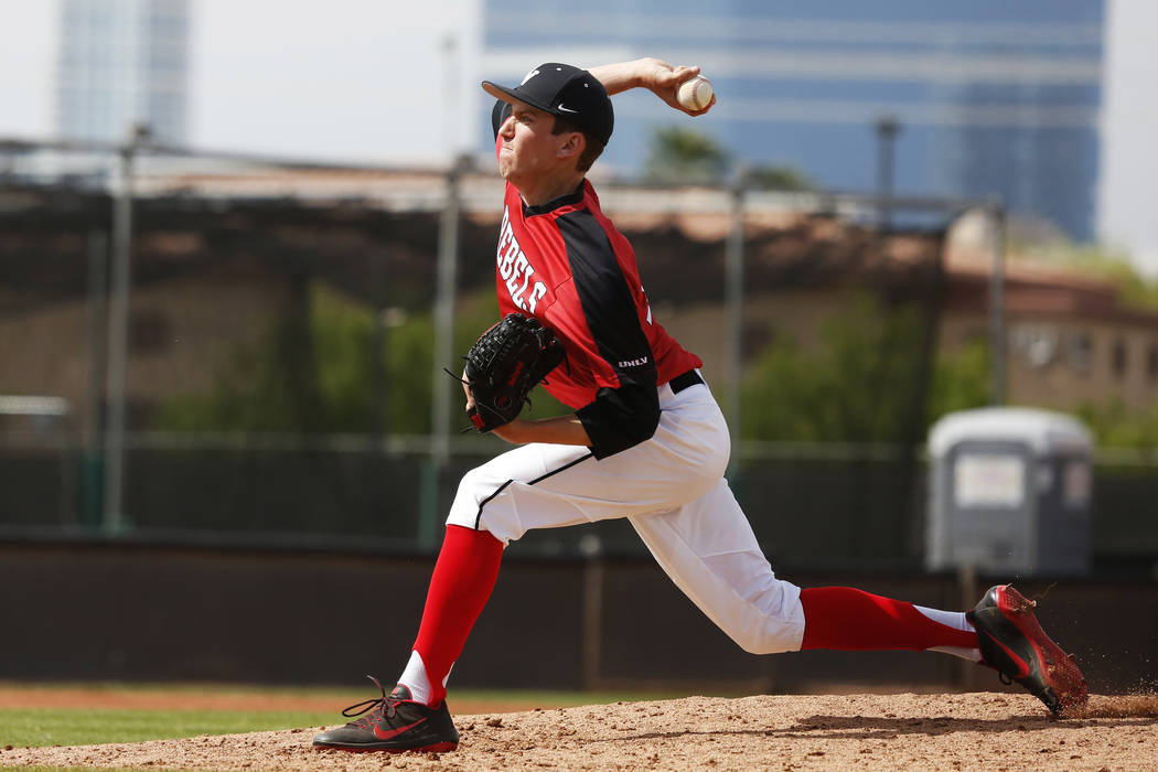 UNLV'S pitcher Trevor Horn (34) pitches against Air Force during the third inning at the Earl Wilson Stadium in Las Vegas on Sunday, April 15, 2018. Andrea Cornejo Las Vegas Review-Journal @dreaco ...