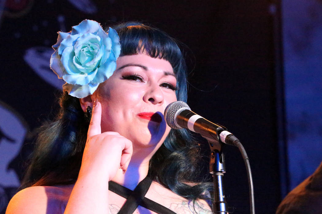 Shanda Cisneros fronts local Las Vegas band Shanda and the Howlers after hours at the Bailiwick Pub during the Viva Las Vegas Rockabilly Weekender at the Orleans on Saturday, April 16, 2017. (Mich ...