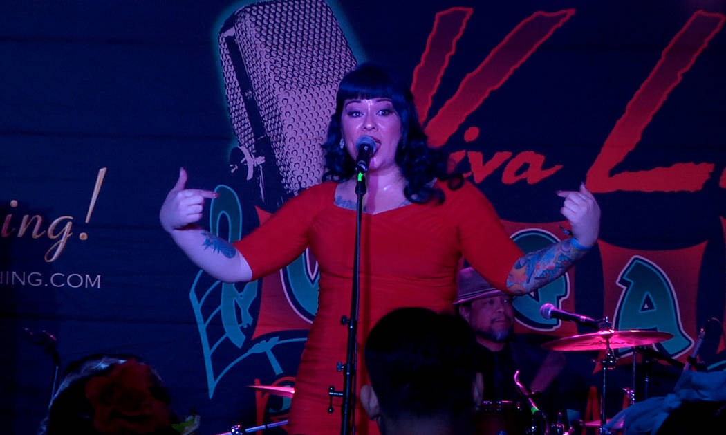 Shanda Cisneros of local Las Vegas band, Shanda and the Howlers, performs at the 20th annual Viva Las Vegas Rockabilly Weekender on Thursday, April 13, 2017. (Michael Quine/Las Vegas Review-Journa ...