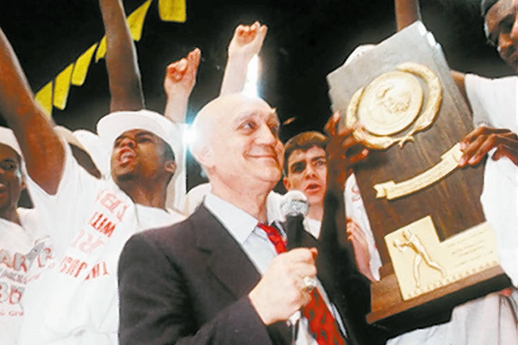 Jerry Tarkanian addresses the crowd after UNLV won the 1990 NCAA Tournament by beating Duke, 103-73.  (Jeff Scheid/Las Vegas Review-Journal File)