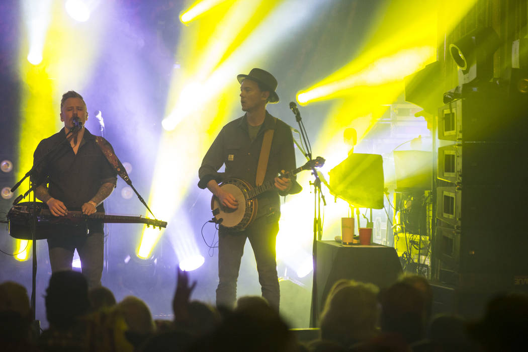 Andy Hall, left, and Chris Pandolfi of The Infamous Stringdusters perform during the first night of the Bender Jamboree music festival at the Plaza in downtown Las Vegas on Thursday, April 12, 201 ...