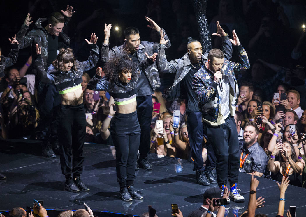 Justin Timberlake, right, performs at T-Mobile Arena in Las Vegas on Saturday, April 14, 2018. Chase Stevens Las Vegas Review-Journal @csstevensphoto