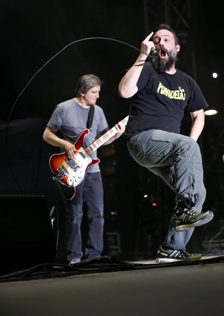 Clutch frontman Neil Fallon, right, performs on day one of the second annual Las Rageous rock festival at the Downtown Las Vegas Events Center on Friday, April 20, 2018. Richard Brian Las Vegas Re ...