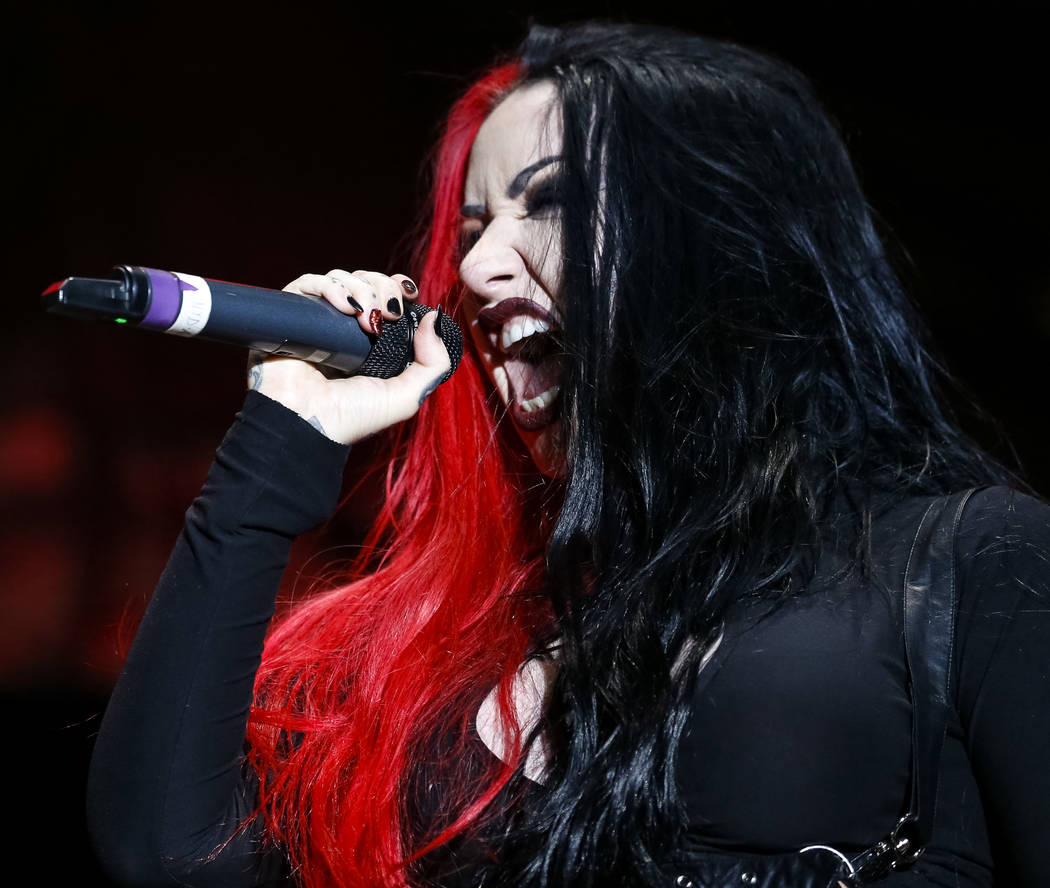 New Years Day frontwoman Ashley Costello performs on day one of the second annual Las Rageous rock festival at the Downtown Las Vegas Events Center on Friday, April 20, 2018. Richard Brian Las Veg ...