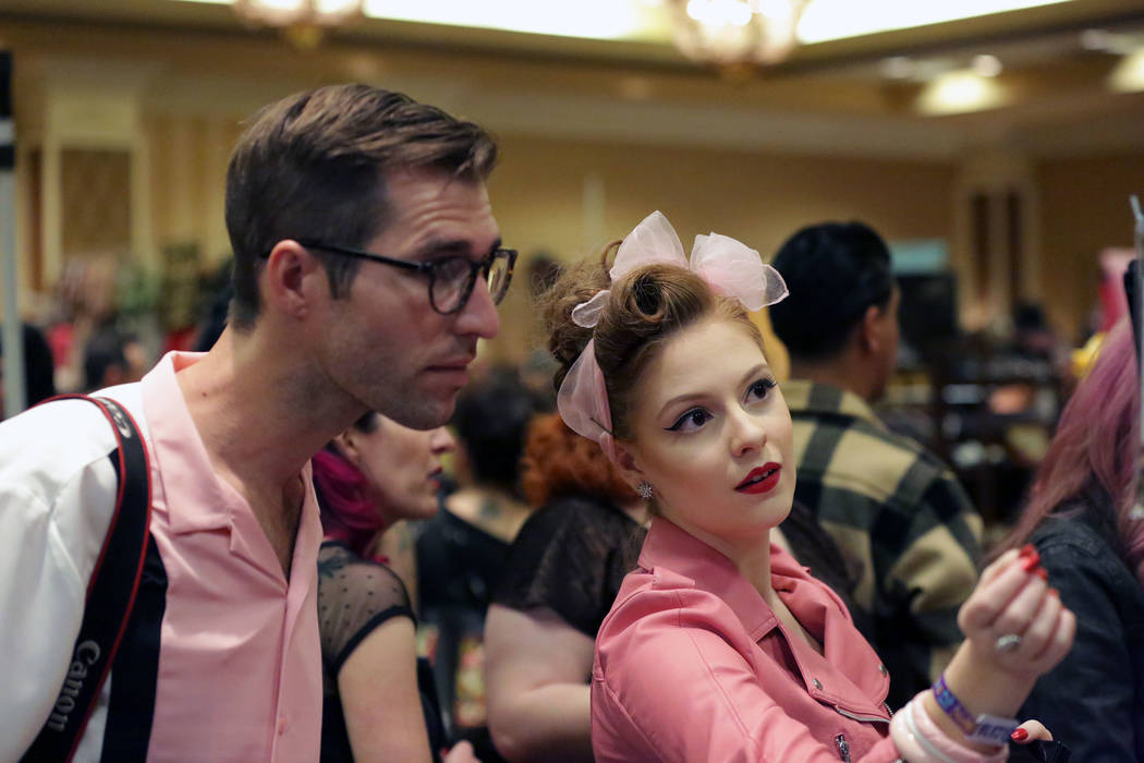 Kelly Ԕhe Flying PinupՠForbes, right, and Nick Maddocks from Australia, check out goods from some of the vendors at the 21st Annual Viva Las Vegas Rockabilly Weekend at the Orleans hot ...