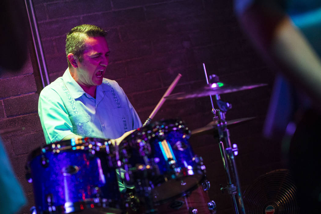 Los Carajos drummer Rich Castro performs at Cornish Pasty in downtown Las Vegas on Saturday, April 28, 2018. Chase Stevens Las Vegas Review-Journal @csstevensphoto