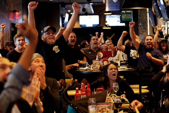 Marie Fuentes, of Las Vegas, reacts after the Vegas Golden Knights scored against the Winnipeg ...