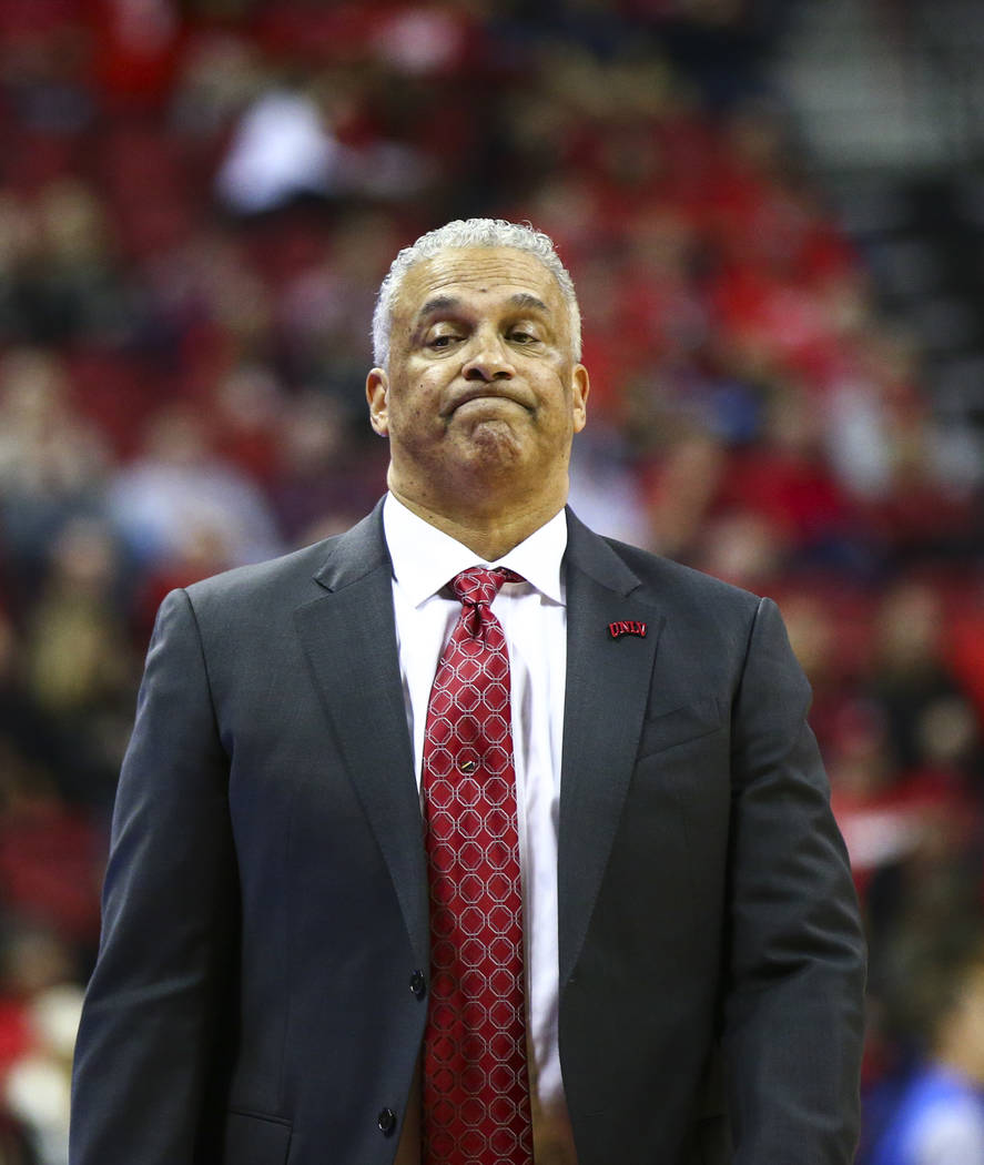 UNLV head coach Marvin Menzies reacts as his team trails UNR during the second half of a basketball game at the Thomas & Mack Center in Las Vegas on Wednesday, Feb. 28, 2018. UNR won 101-75. C ...