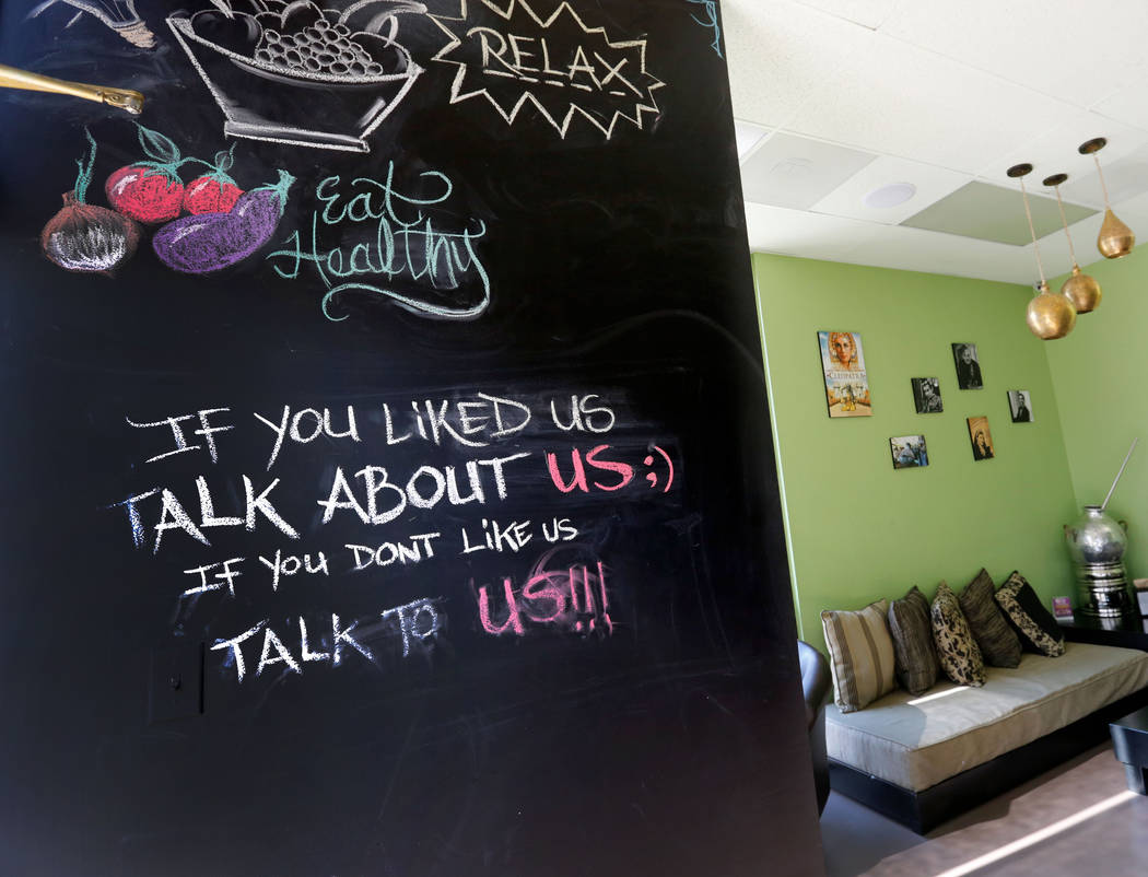 A blackboard is seen at Pots, a vegan and vegetarian restaurant, which serves Egyptian cuisine, in Las Vegas, Thursday, June 7, 2018. (Chitose Suzuki/Las Vegas Review-Journal) @chitosephoto
