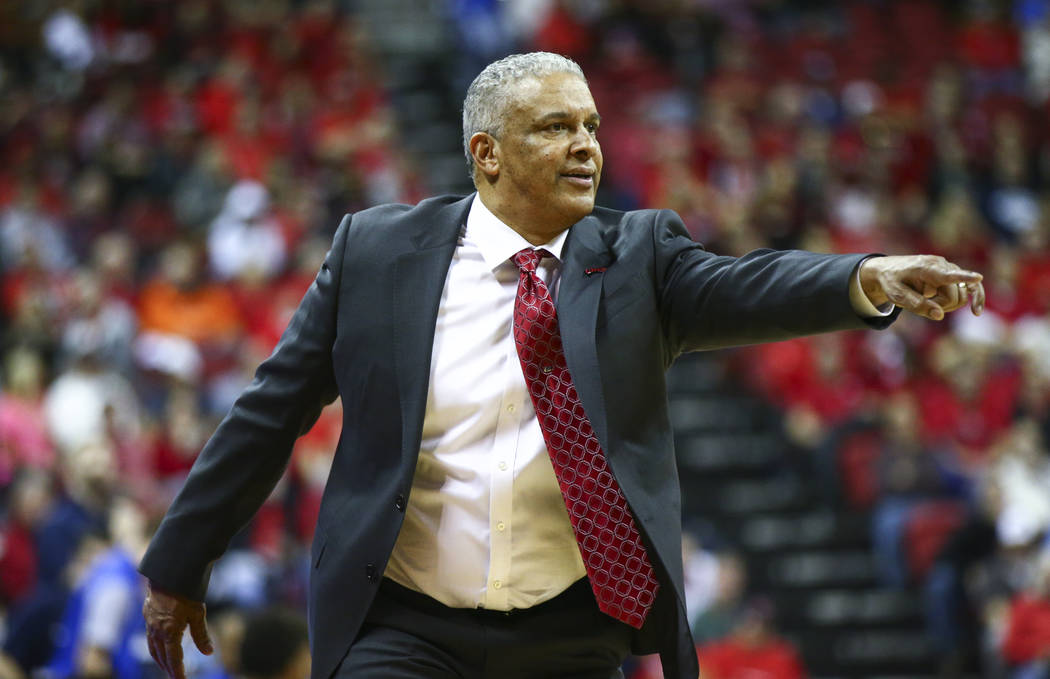 UNLV head coach Marvin Menzies points to the court as his team plays UNR during the second half of a basketball game at the Thomas & Mack Center in Las Vegas on Wednesday, Feb. 28, 2018. UNR w ...