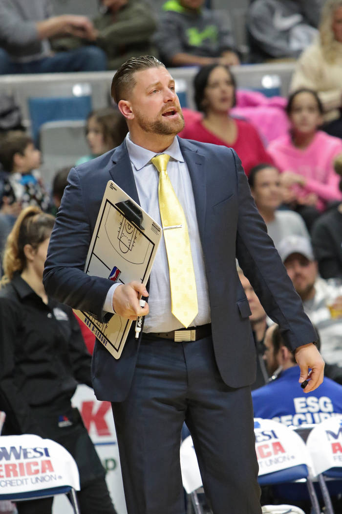 FORT WAYNE, IN - DECEMBER 28: Steve Gansey, head coach of the Fort Wayne Mad Ants coaches against the Grand Rapids Drive during their NBA D-League game at Memorial Coliseum on December 28, 2016 i ...