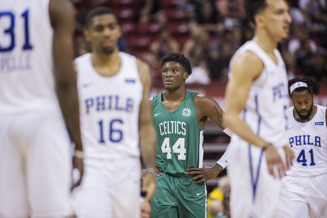 Celtics center Robert Williams (44) waits for a play call from the Boston bench during their game with the Philadelphia 76ers during NBA Summer League on Friday, July 6, 2018, at the Thomas & ...