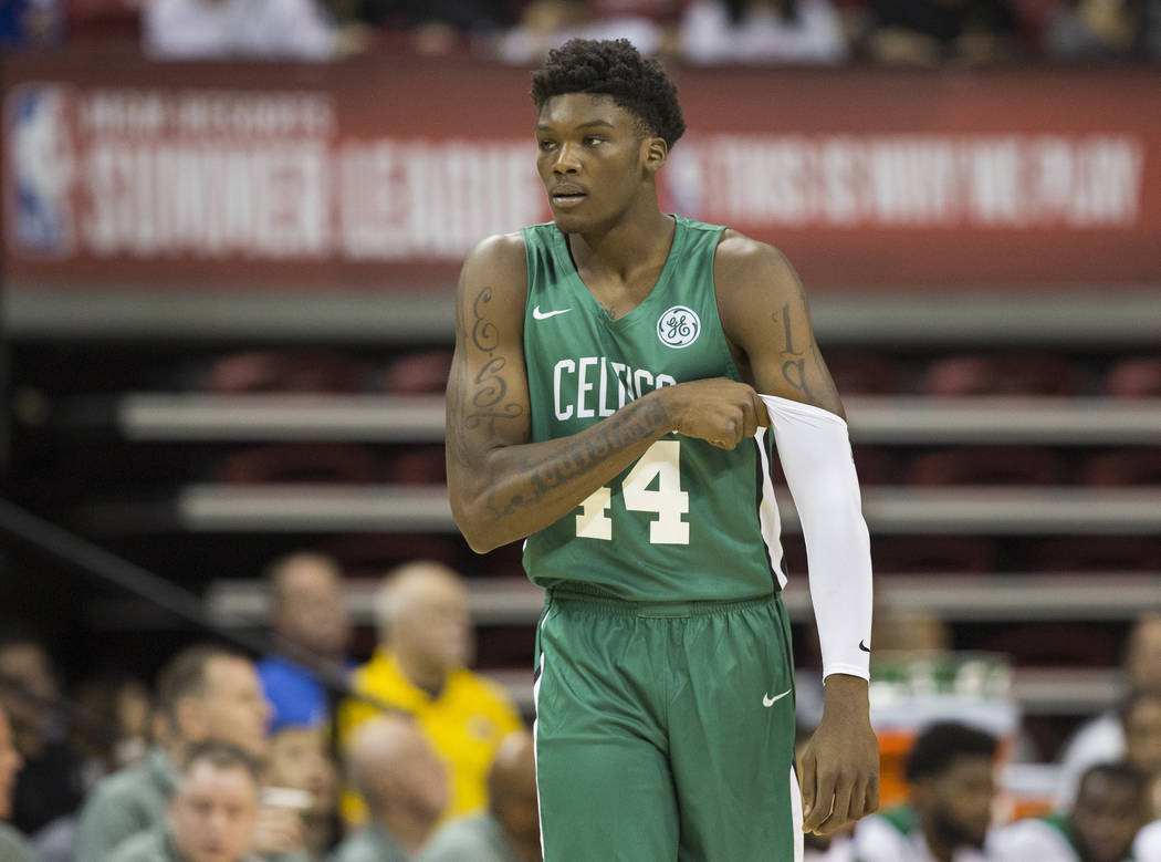 Celtics center Robert Williams (44) adjusts his arm sleeve during Boston's game with the Philadelphia 76ers during NBA Summer League on Friday, July 6, 2018, at the Thomas & Mack Center, in La ...