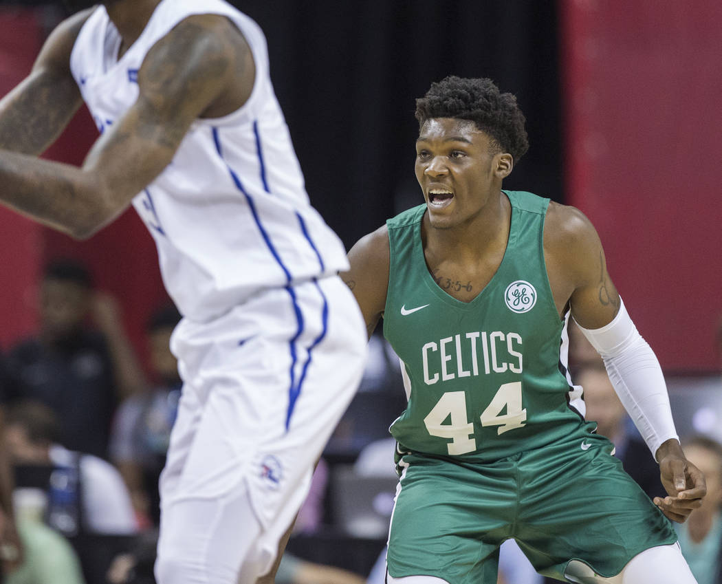 Celtics center Robert Williams (44) plays defense during Boston's game with the Philadelphia 76ers during NBA Summer League on Friday, July 6, 2018, at the Thomas & Mack Center, in Las Vegas. ...